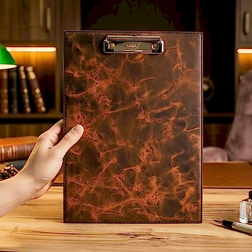 Hakiki Deri A4 Sekreterlik Clipboard El Dikişi Ahşap Dolgulu