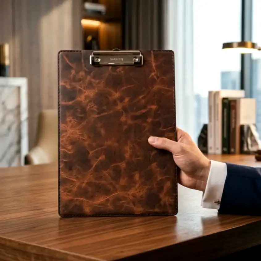 Hakiki Deri A4 Sekreterlik Clipboard El Dikişi Ahşap Dolgulu