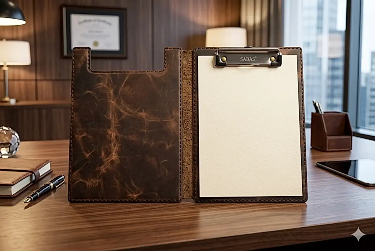 Hakiki Deri El Yapımı A5 Kapaklı Sekreterlik – Ahşap Dolgulu Clipboard, Premium Notluk