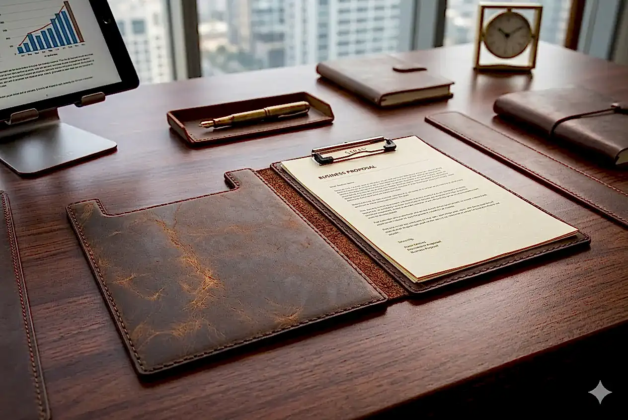 Hakiki Deri El Yapımı A5 Kapaklı Sekreterlik – Ahşap Dolgulu Clipboard, Premium Notluk