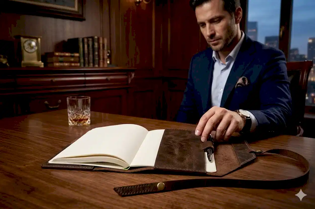 Hakiki Deri Ajanda Kılıfı V-2 El Dikişi Kuşaklı Kartlıklı