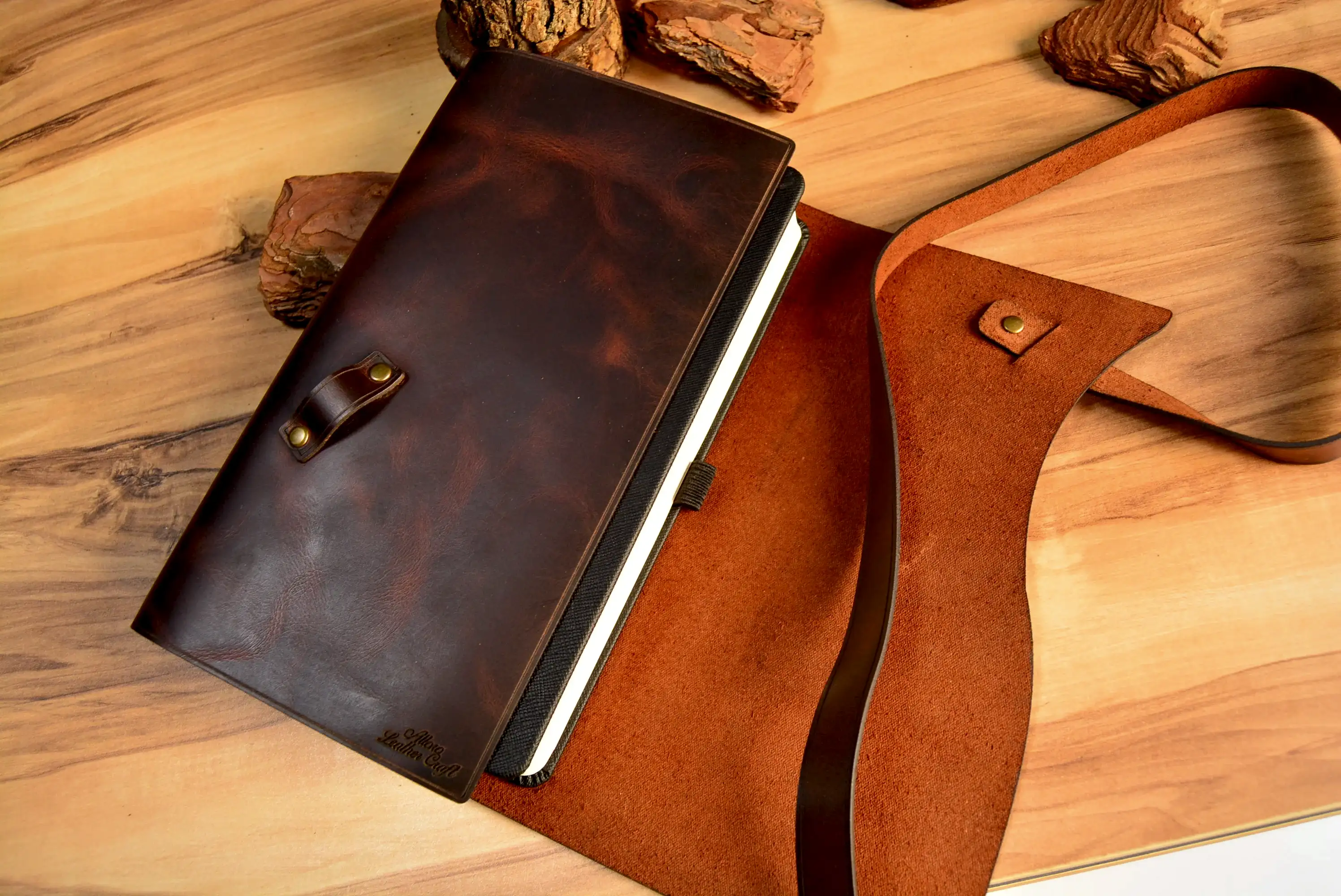 Hakiki Deri Ajanda Kılıfı V-5 El Dikişi Çoklu Kuşaklı