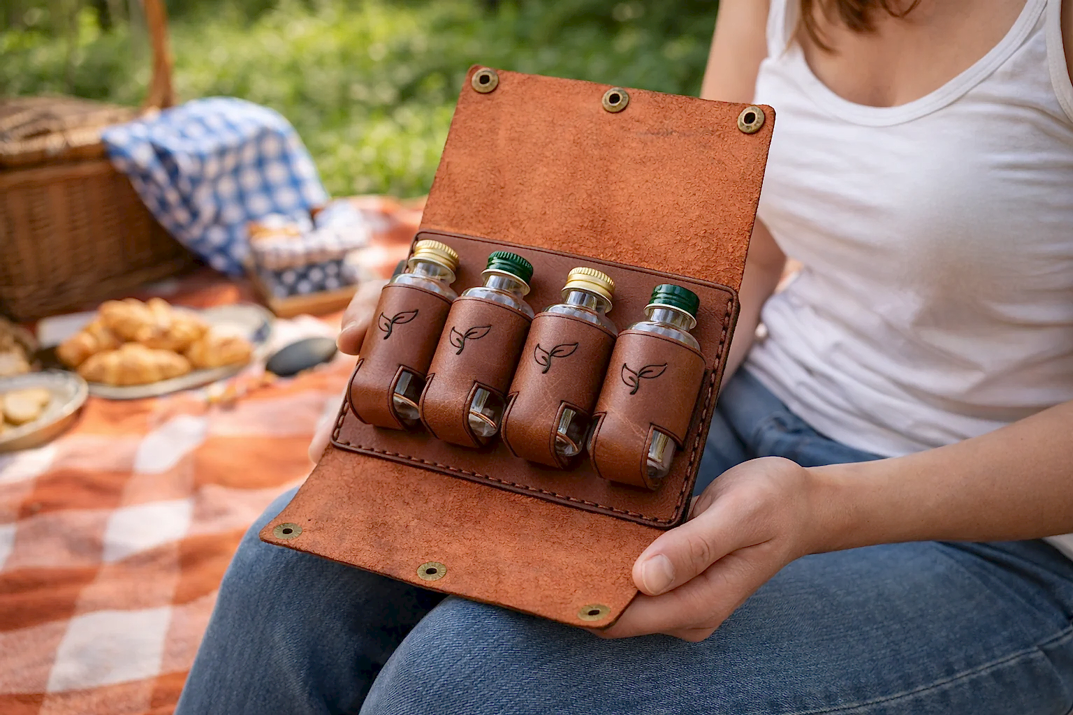 hakiki deri el yapimi baharatlık seti– 4’lü deri piknik & kamp için kırılmaz şişeli kamp baharatlığı