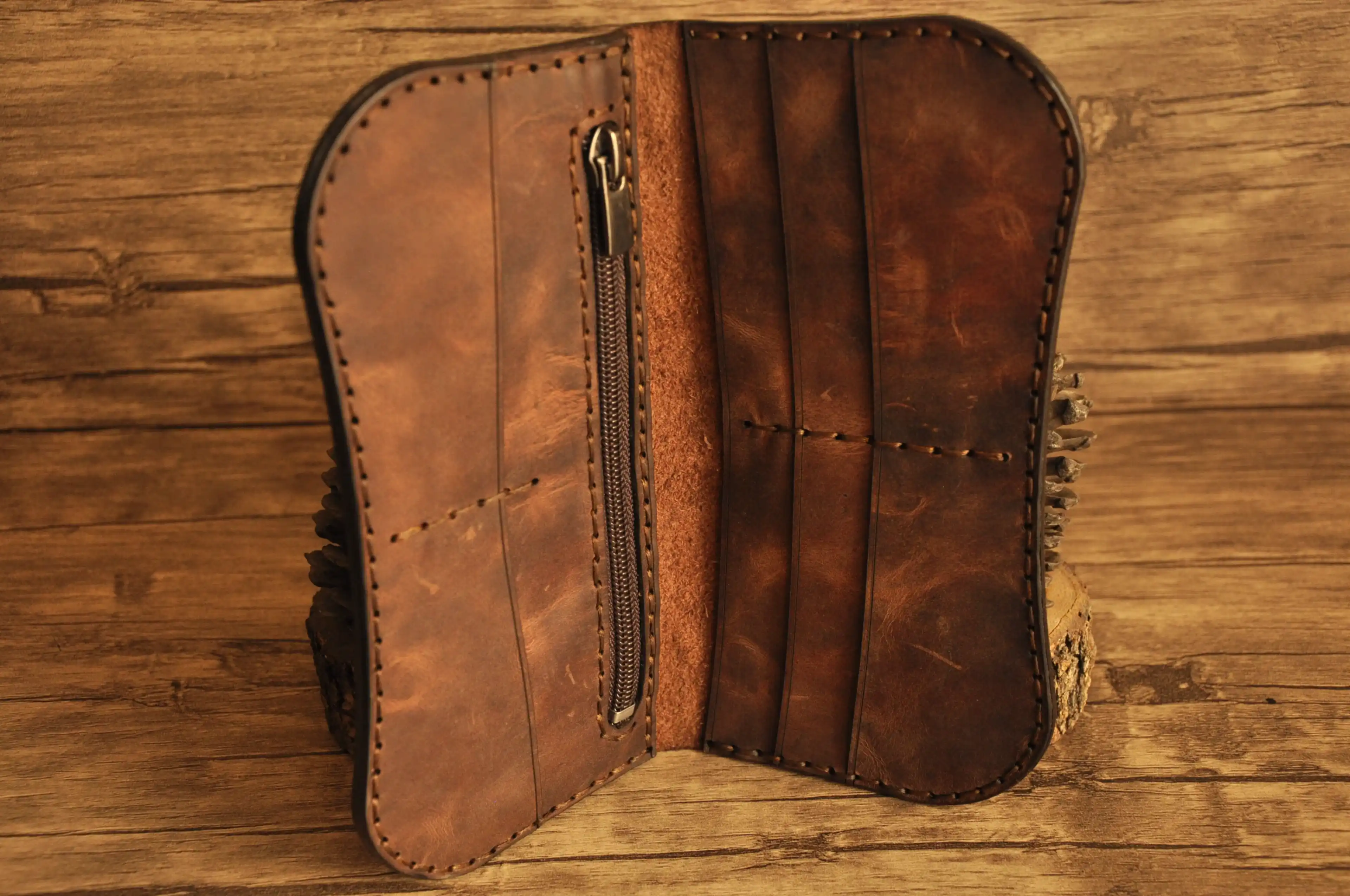 Biker V-4 Uzun Cüzdan Hakiki Deri El Yapımı