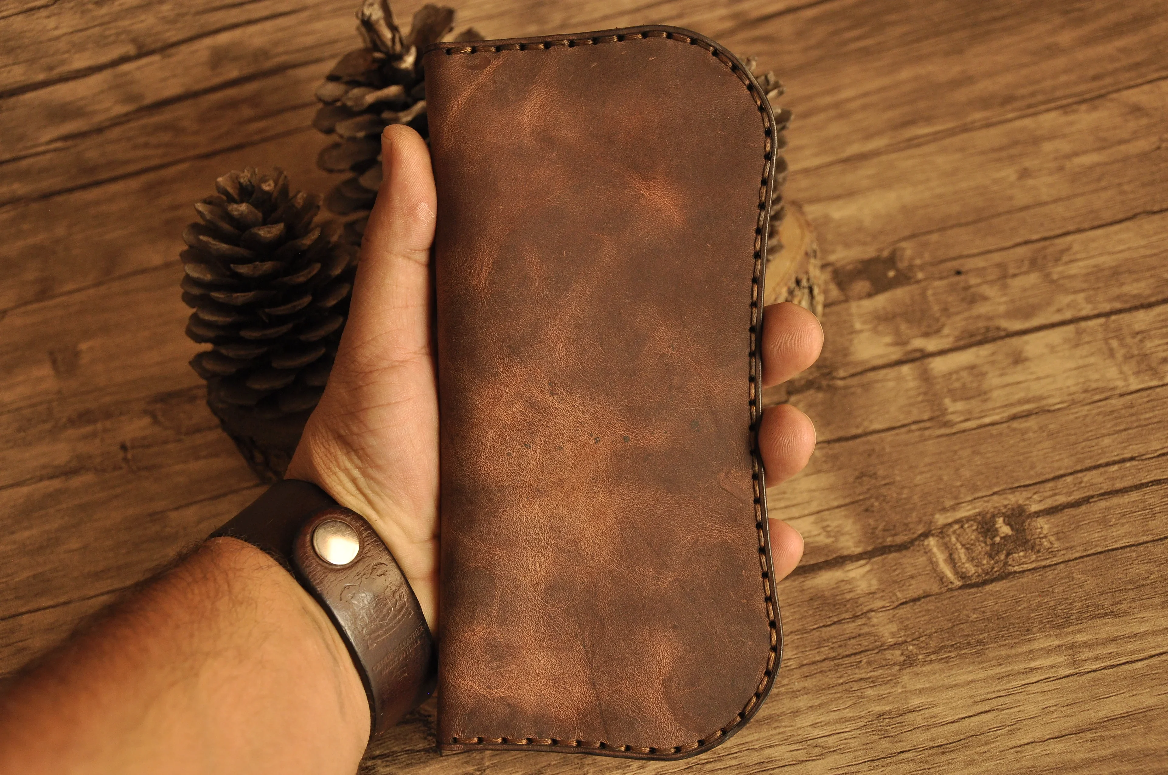 Biker V-4 Uzun Cüzdan Hakiki Deri El Yapımı