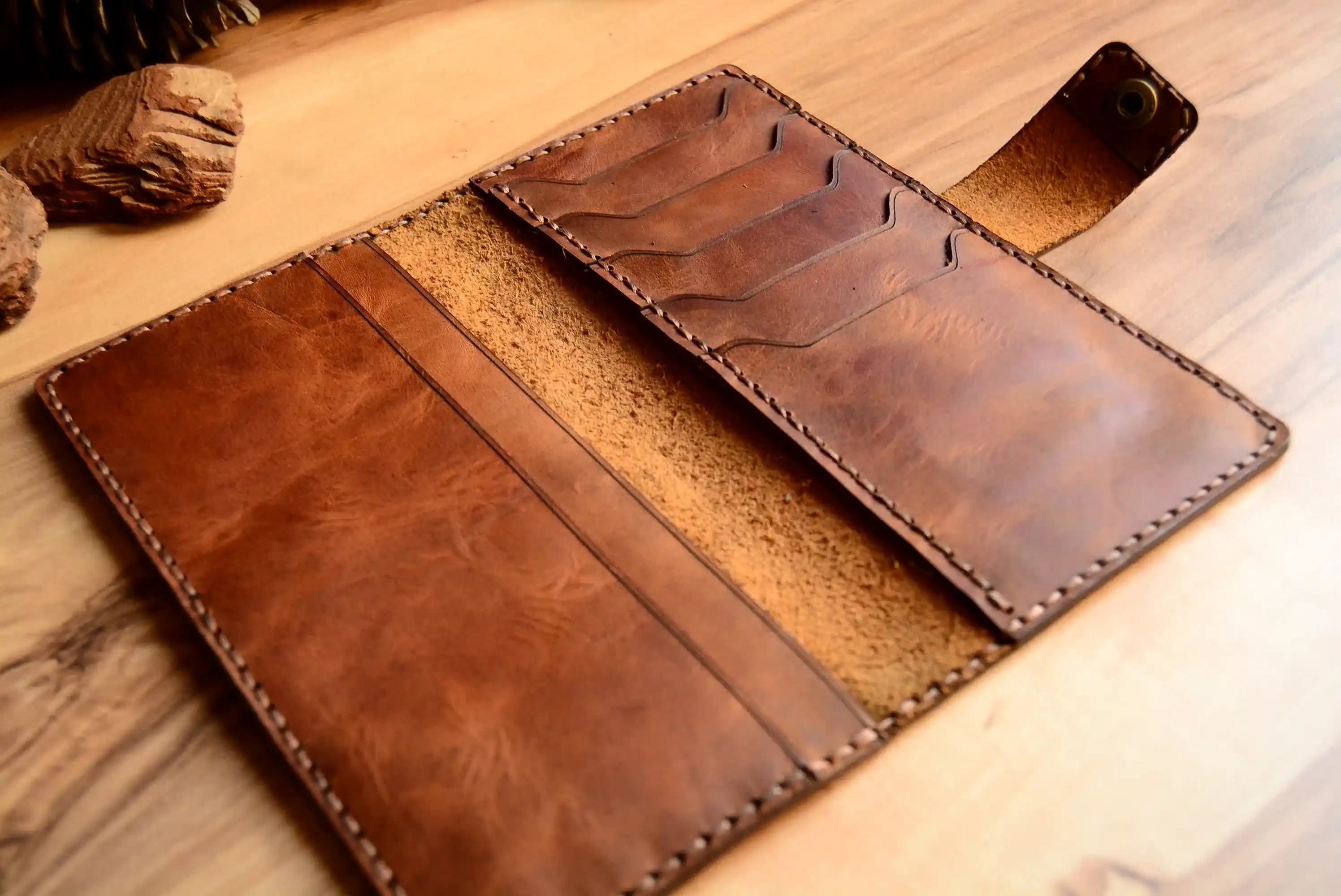 Blues Uzun Cüzdan Hakiki Deri El Yapımı