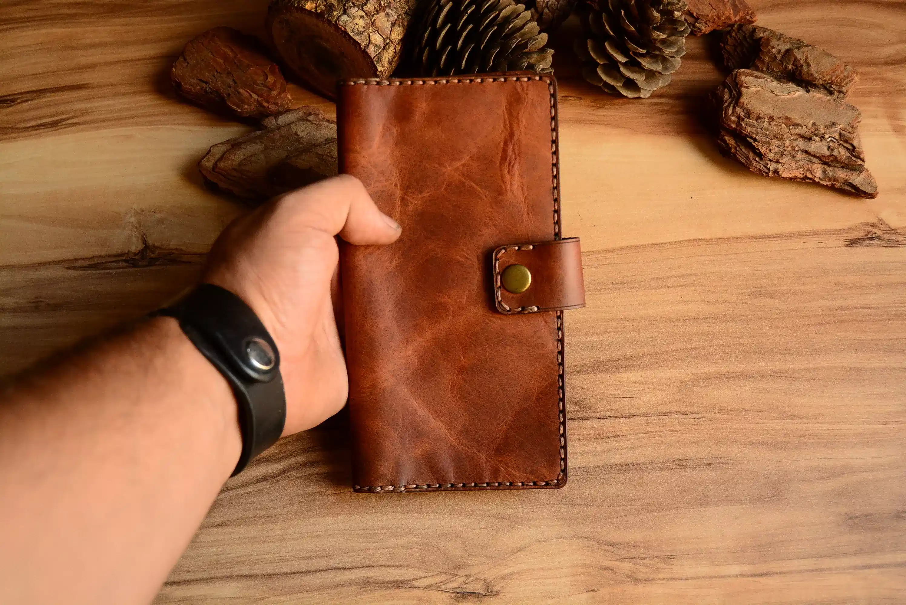 Blues Uzun Cüzdan Hakiki Deri El Yapımı