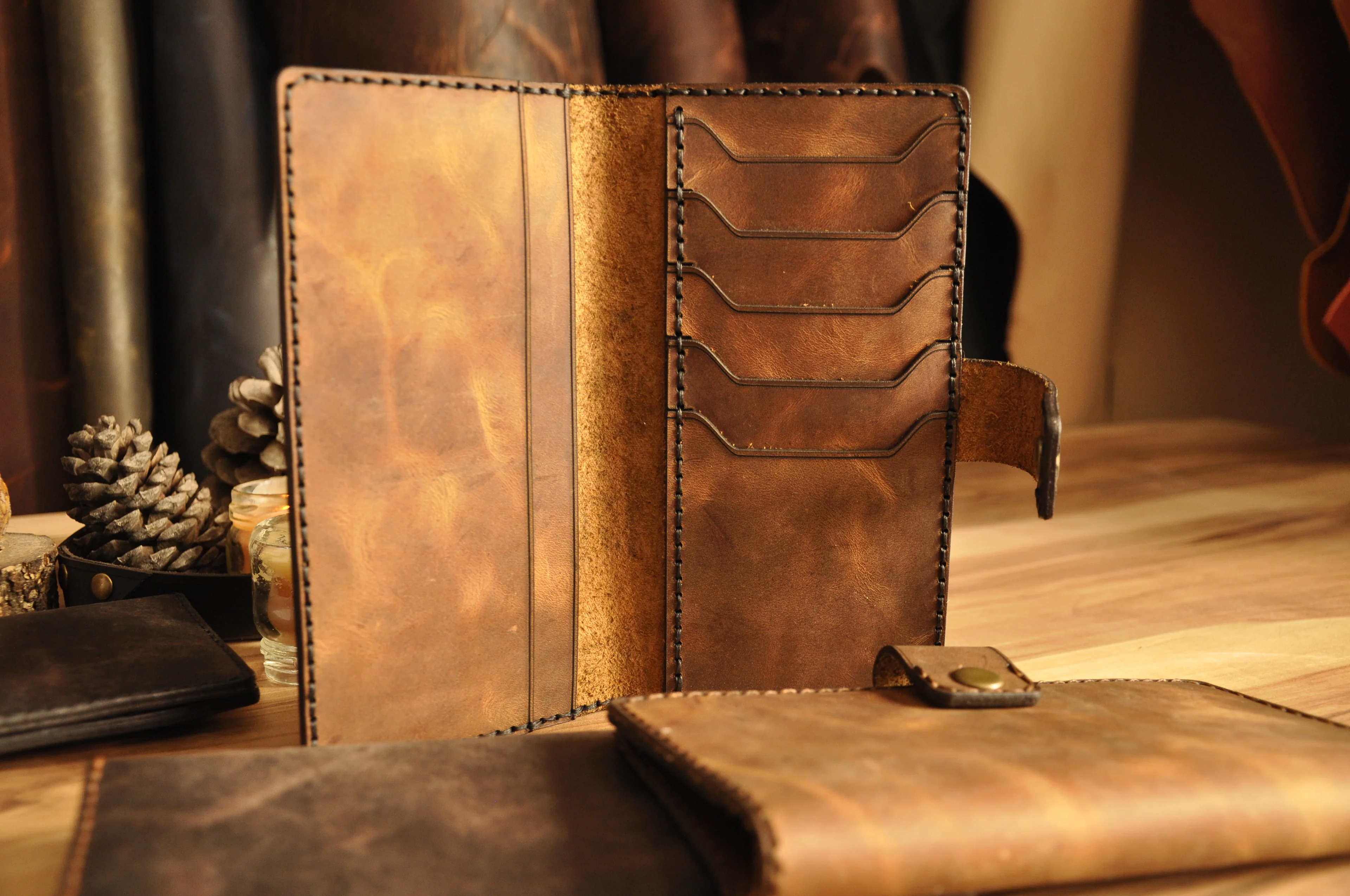 Blues Uzun Cüzdan Hakiki Deri El Yapımı