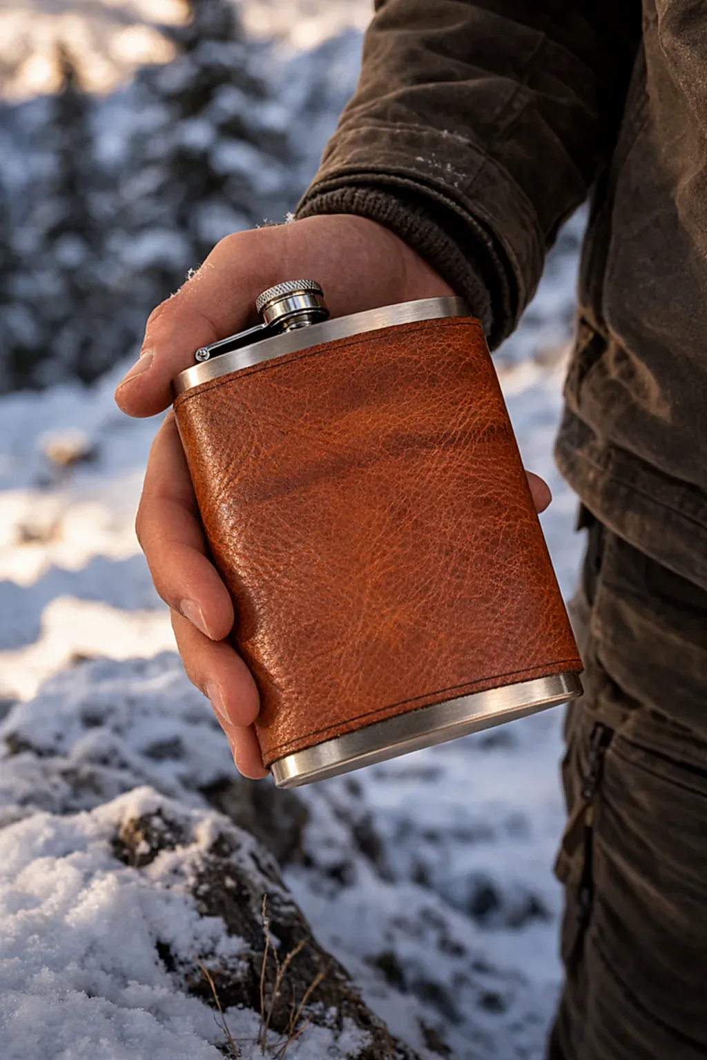 hakiki deri el yapimi çelik matara 8 oz deri kılıflı