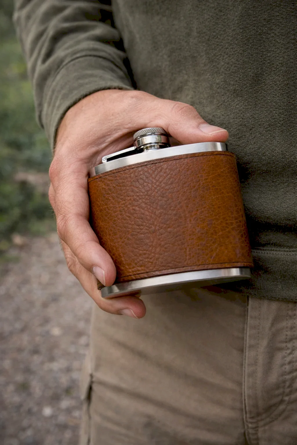 hakiki deri el yapimi çelik matara 5 oz deri kılıflı