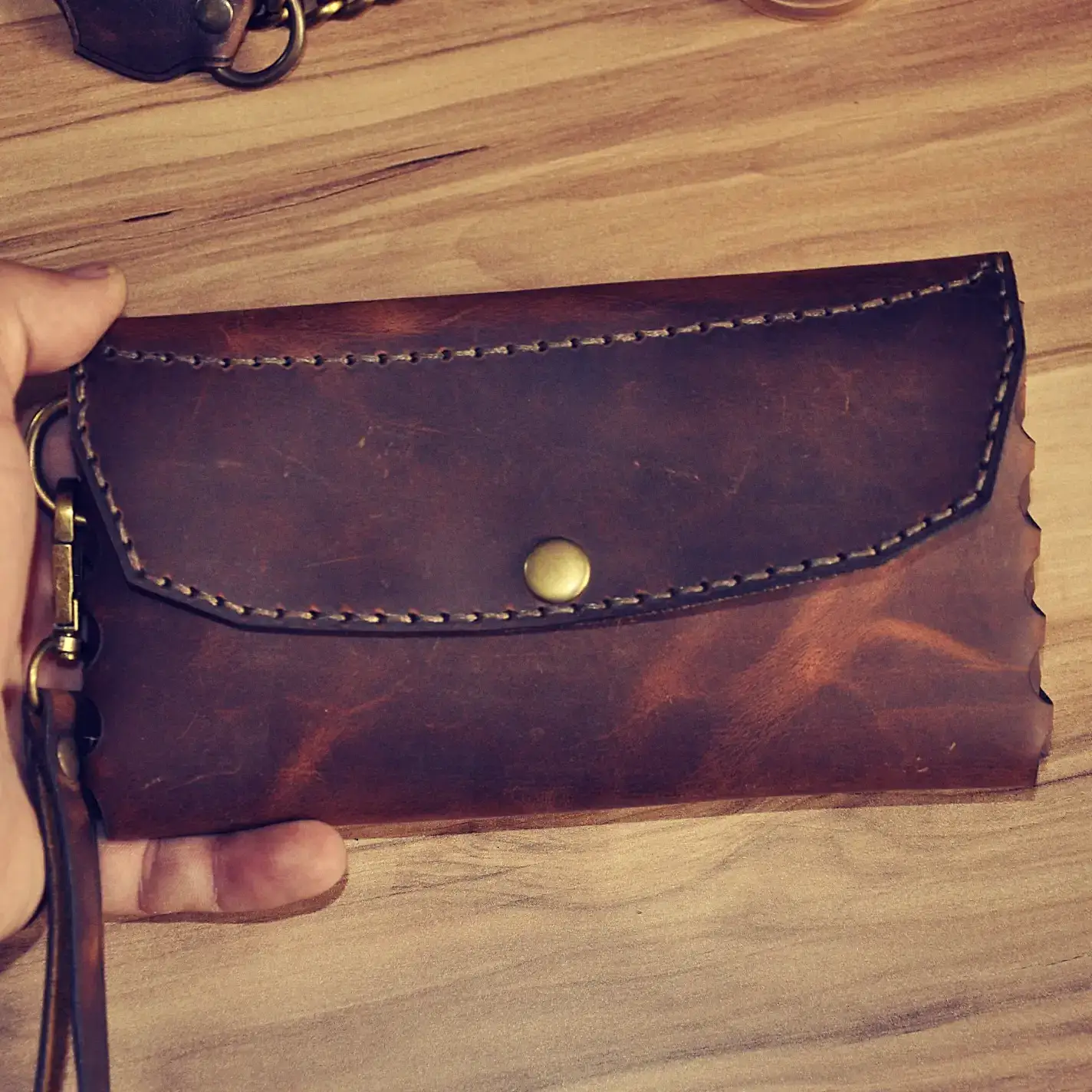 Damasen Yatay Cüzdan Hakiki Deri El Yapımı