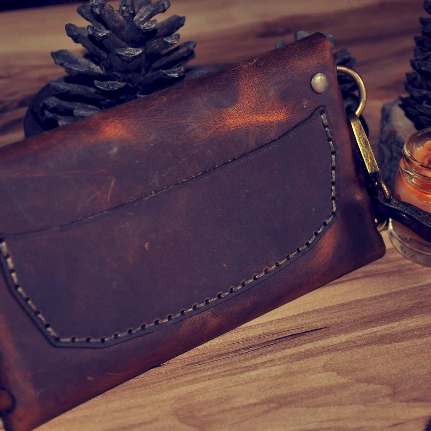 Damasen Yatay Cüzdan Hakiki Deri El Yapımı