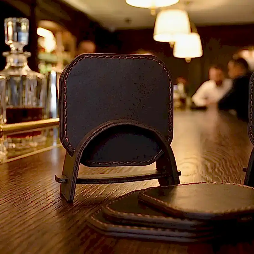 Deri Bardak Altlığı Seti El Dikişi Hakiki Deri 6’lı Standlı