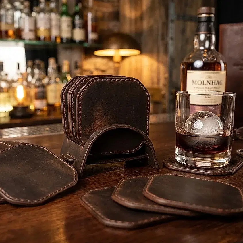 Deri Bardak Altlığı Seti El Dikişi Hakiki Deri 6’lı Standlı