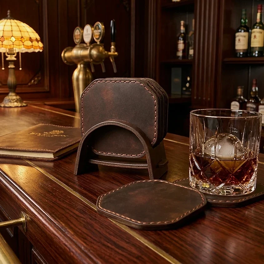 hakiki deri el yapimi 6’lı deri bardak altlığı seti + stand – el dikişi coaster set (10x10 cm)