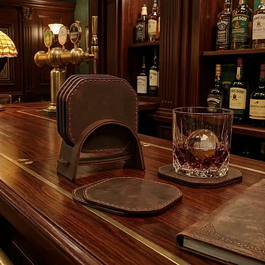 Deri Bardak Altlığı Seti El Dikişi Hakiki Deri 6’lı Standlı