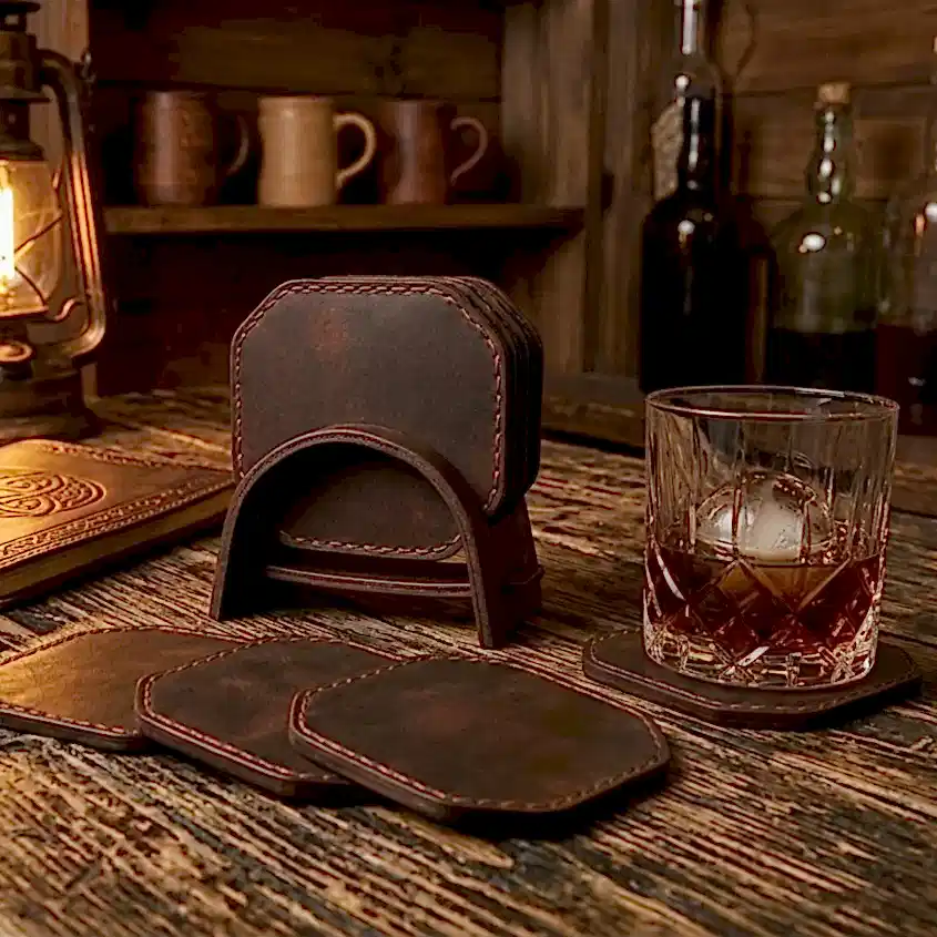 Deri Bardak Altlığı Seti El Dikişi Hakiki Deri 6’lı Standlı