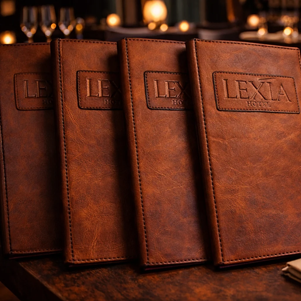 Hakiki Deri Menü Kabı Vidalı Patch Logolu El Dikişi