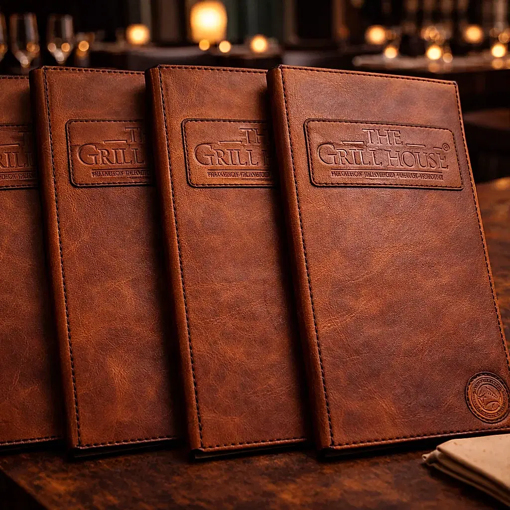 hakiki deri el yapimi hakiki deri menü kabı – deri restoran menü kılıfı | vidalı & patch logolu lüks menü