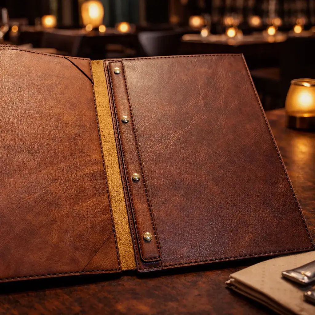 Hakiki Deri Menü Kabı Vidalı Patch Logolu El Dikişi