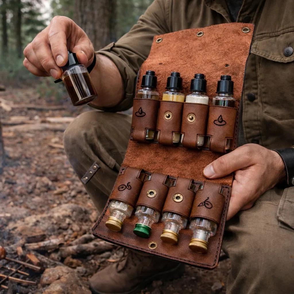 hakiki deri el yapimi baharatlık ve sosluk seti – 8 şişeli deri kamp & piknik baharat ve sos taşıyıcı (outdoor / bushcraft / karavan)