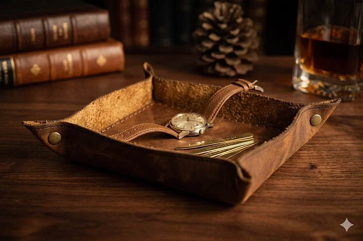 hakiki deri el yapimi deri dikdörtgen organizer sepet – masa üstü valet tray, anahtar & aksesuar düzenleyici