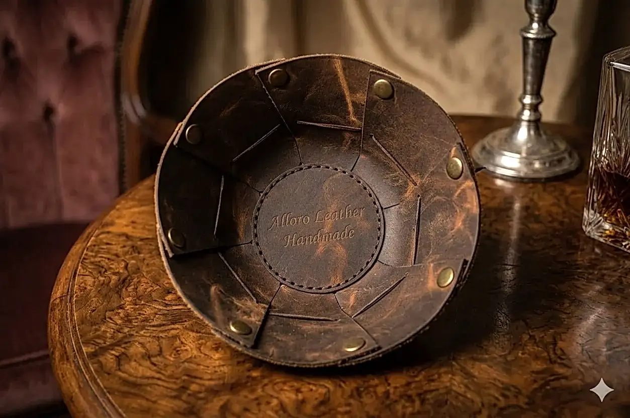 hakiki deri el yapimi yuvarlak deri masa organizer sepet – anahtarlık, bozuk para ve aksesuar düzenleyici (vintage tasarım)