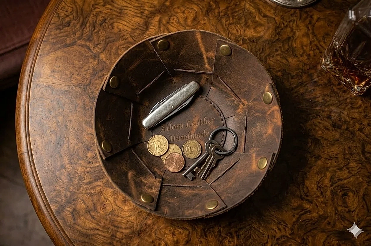 Yuvarlak Deri Organizer Yuvarlak Hakiki Deri El Dikişi Vintage