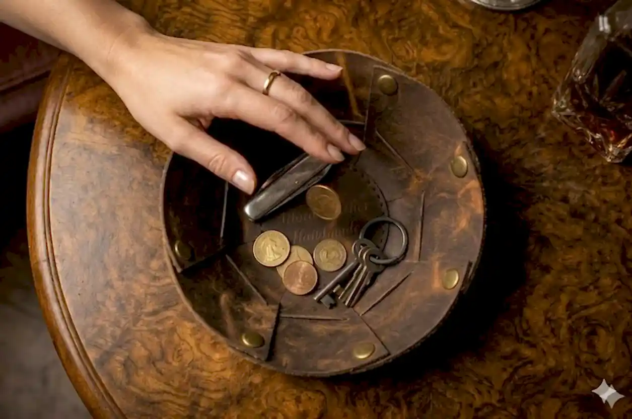 Yuvarlak Deri Organizer Yuvarlak Hakiki Deri El Dikişi Vintage