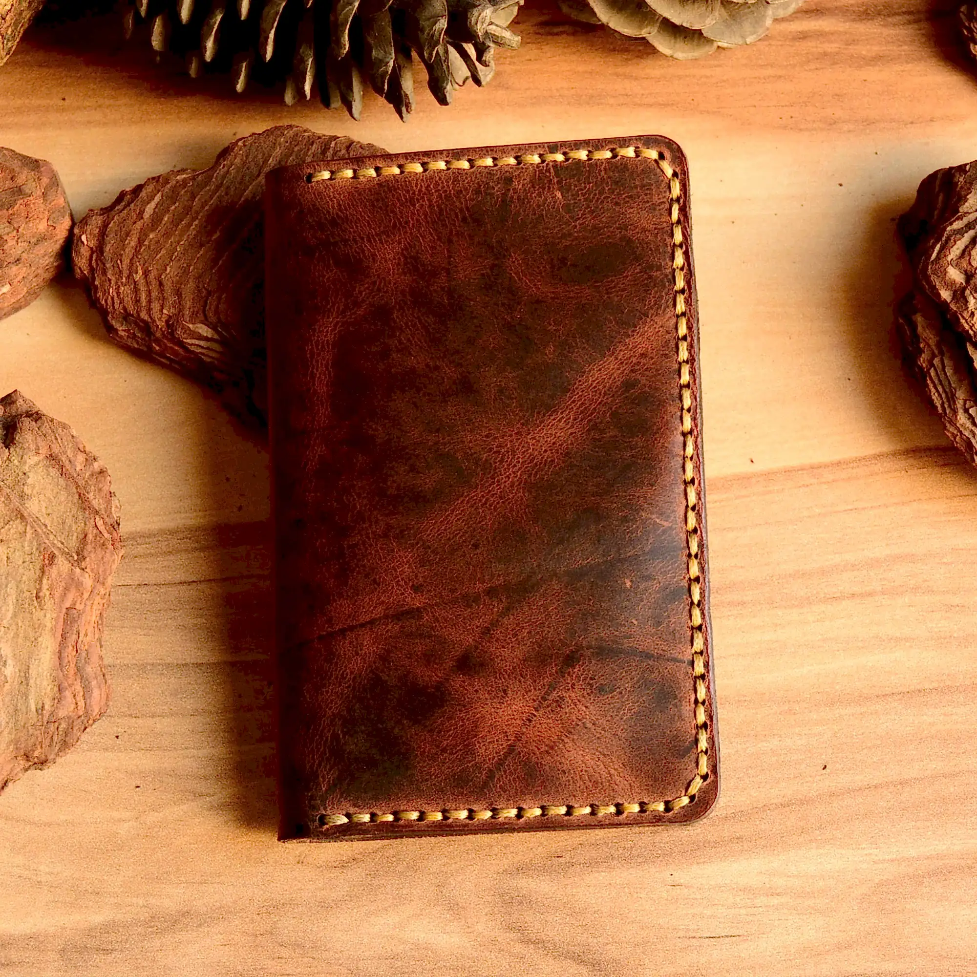 Dikey Kısa Kartlık Hakiki Deri El Yapımı