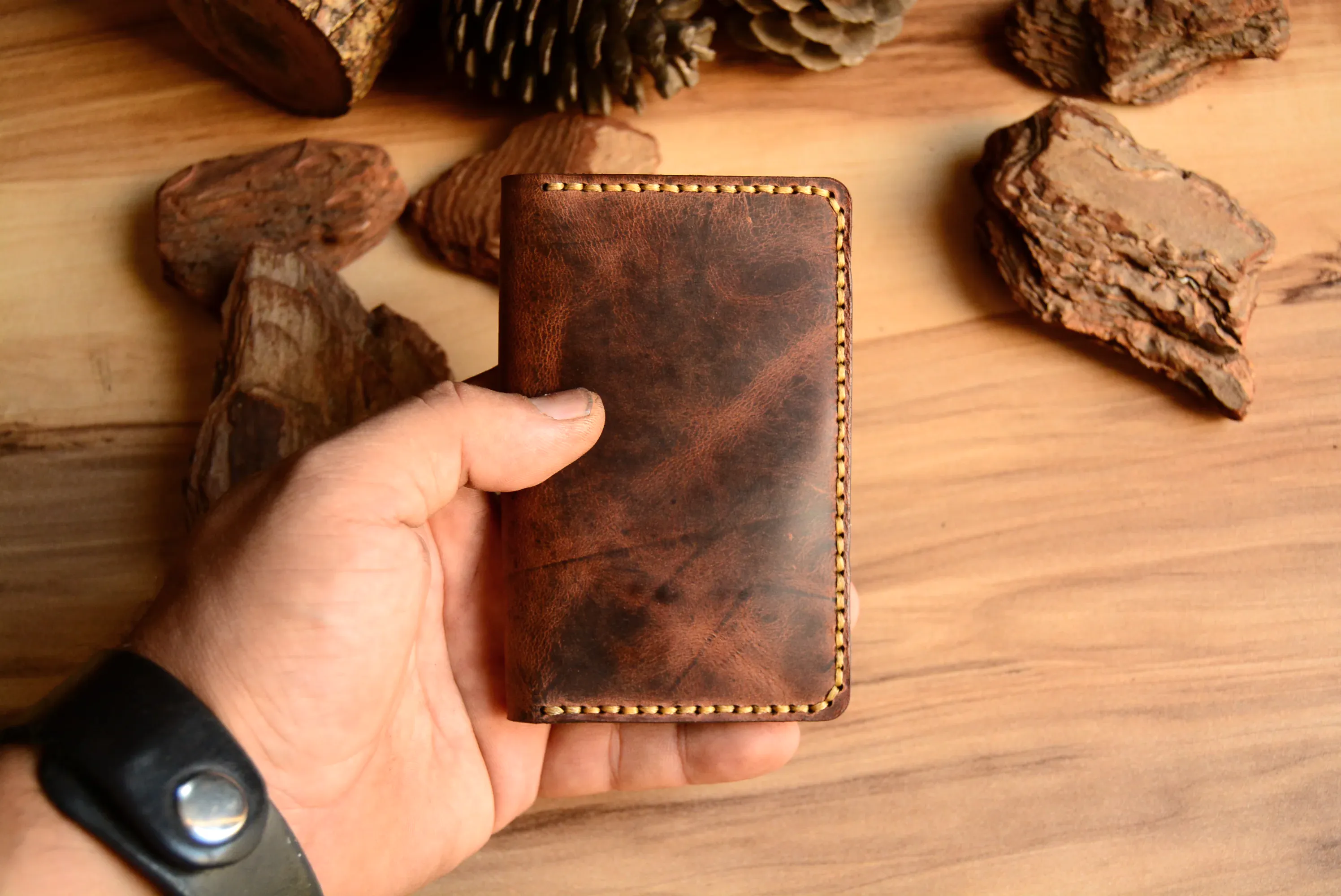 Dikey Kısa Kartlık Hakiki Deri El Yapımı