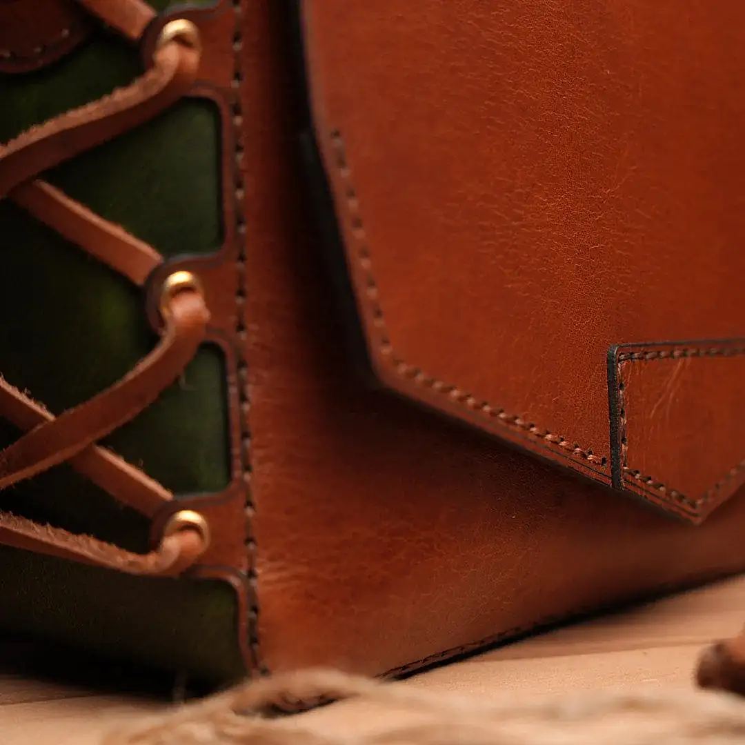 Boleyn Çanta Korse Tasarım Kahverengi/YeşilHakiki Deri El Yapımı