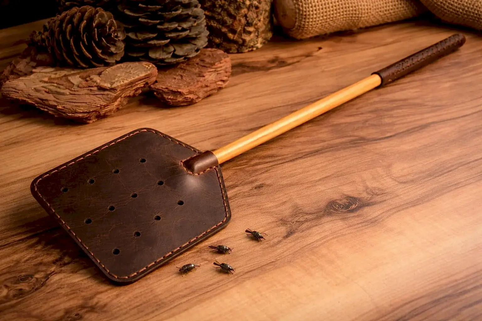 Deri Sinek Sopası Hakiki Deri El Yapımı Ahşap Saplı (Fly Swatter)