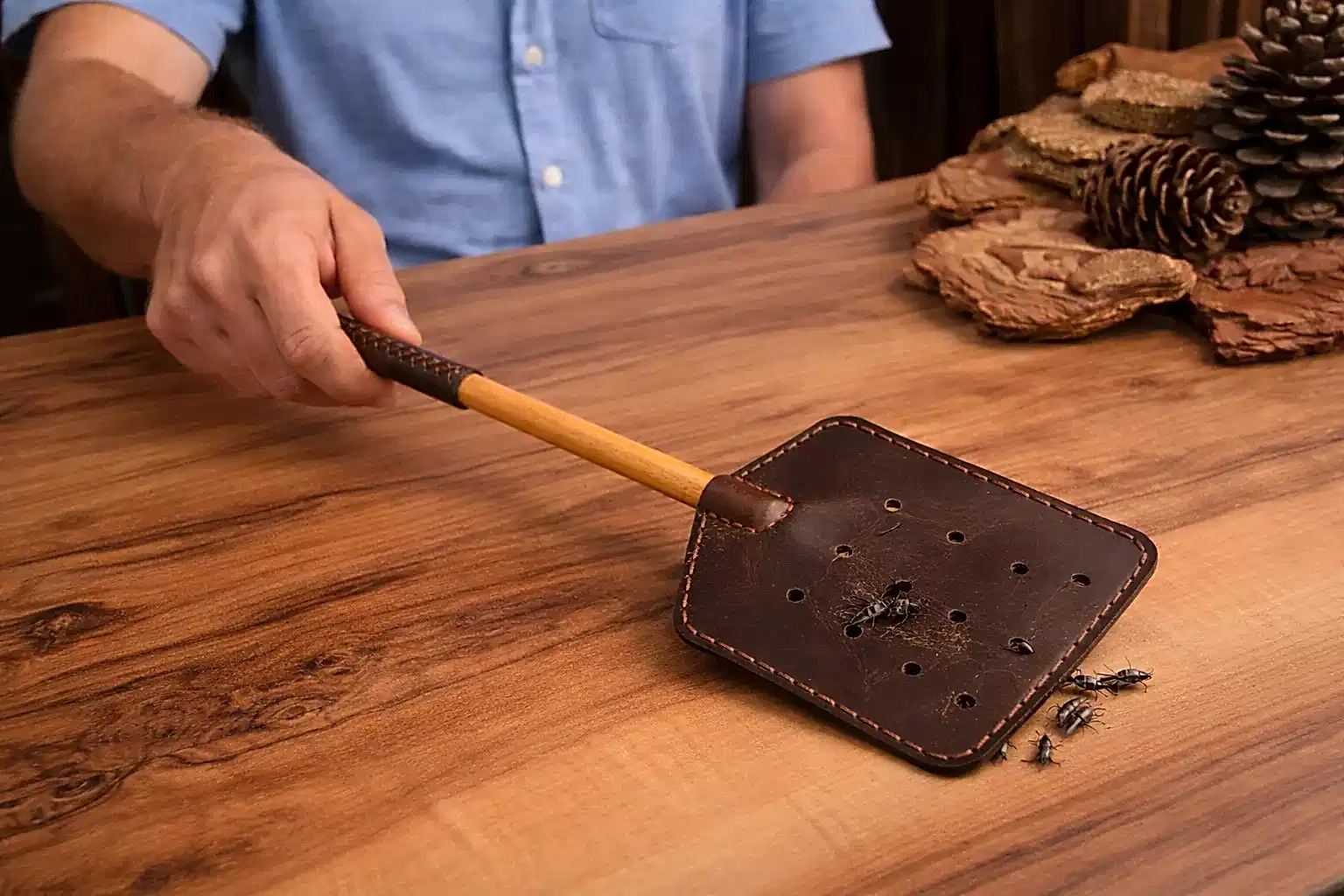 Deri Sinek Sopası Hakiki Deri El Yapımı Ahşap Saplı (Fly Swatter)