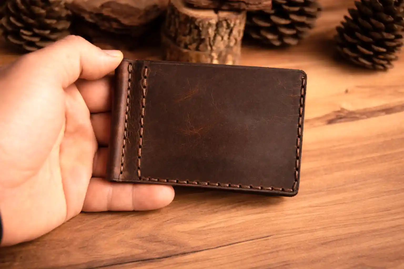 Girit Klipsli Cüzdan Katlanır Tasarım Hakiki Deri El Yapımı