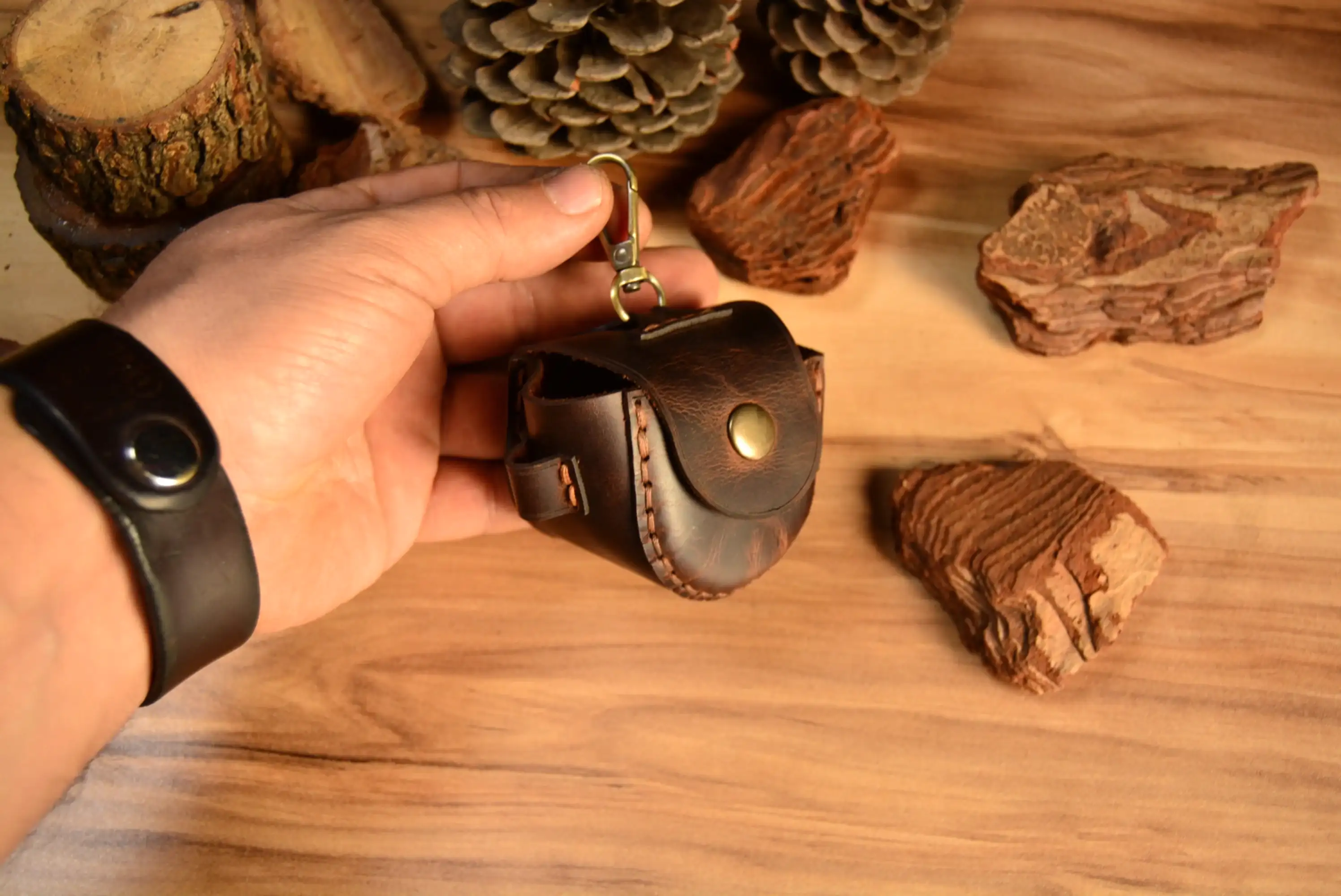 Deri Golf Topu Kılıfı Hakiki Deri El Yapımı Tee Bölmeli