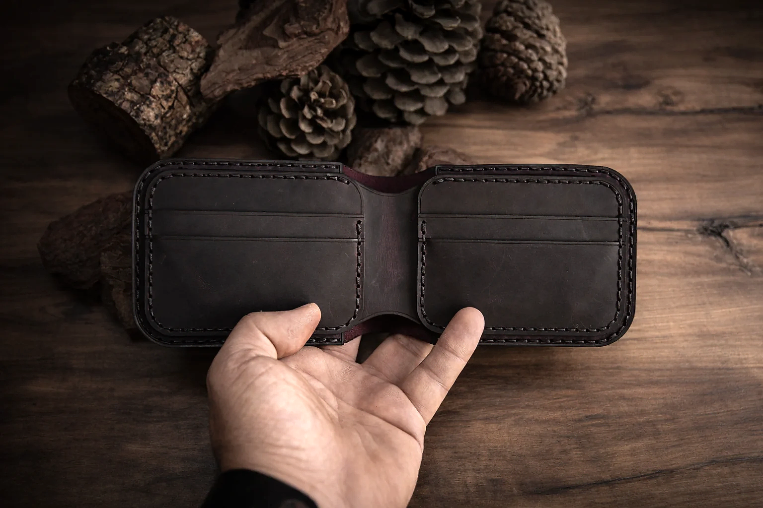 hakiki deri el yapimi hector v-1 bifold deri cüzdan