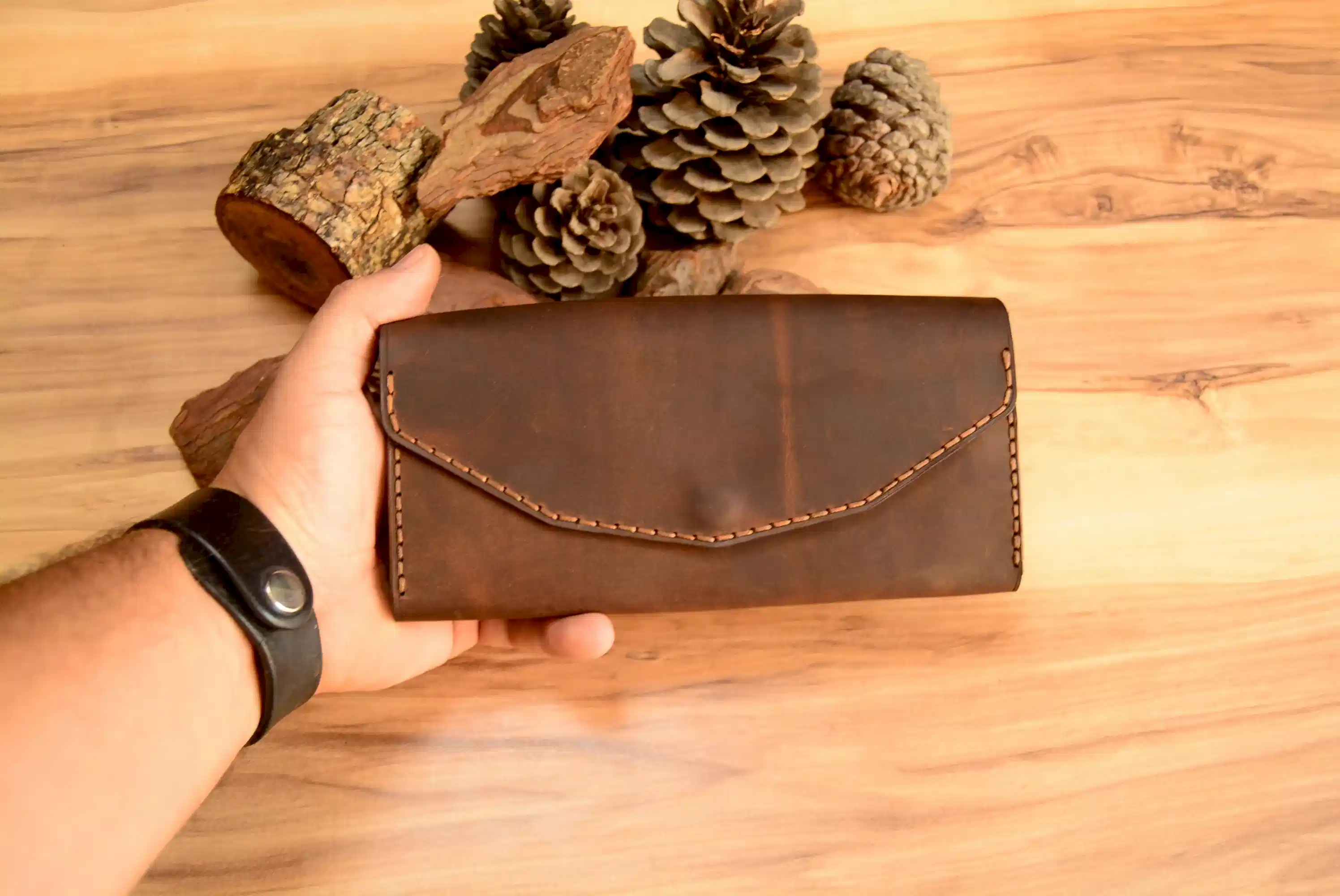 Helen Yatay V1 Uzun Cüzdan Hakiki Deri El Yapımı