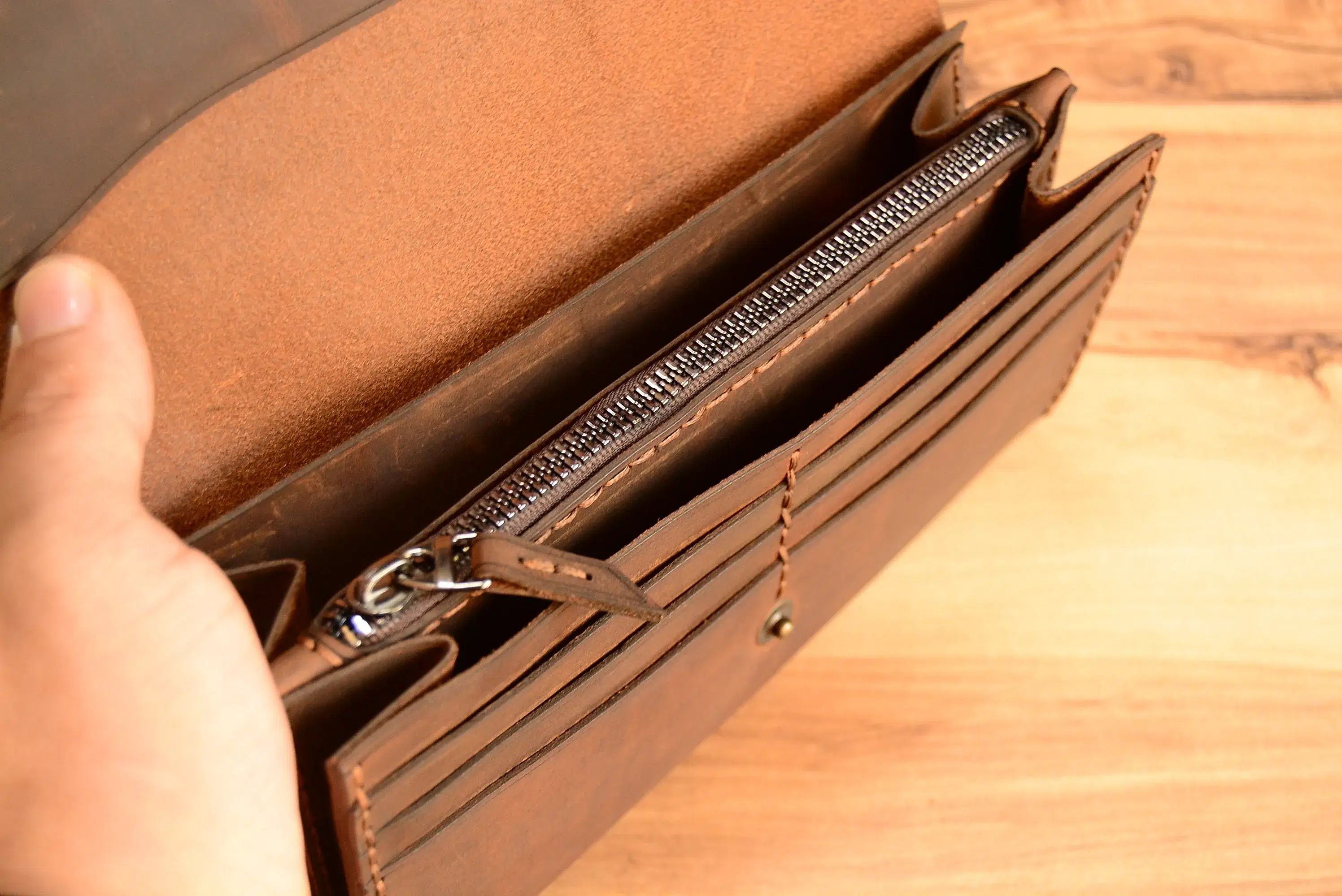 Helen Yatay V1 Uzun Cüzdan Hakiki Deri El Yapımı