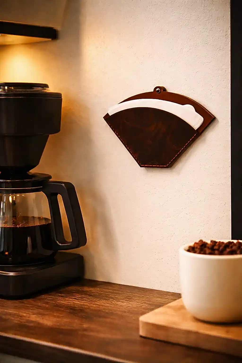 Deri Kahve Filtre Tutucu Hakiki Deri El Dikişi Duvar Kesesi