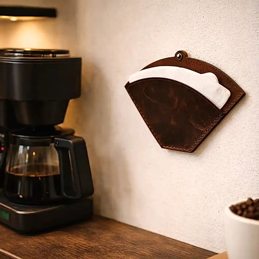 hakiki deri el yapimi deri kahve filtre tutucu duvar organizer – vintage kahve köşesi aksesuarı