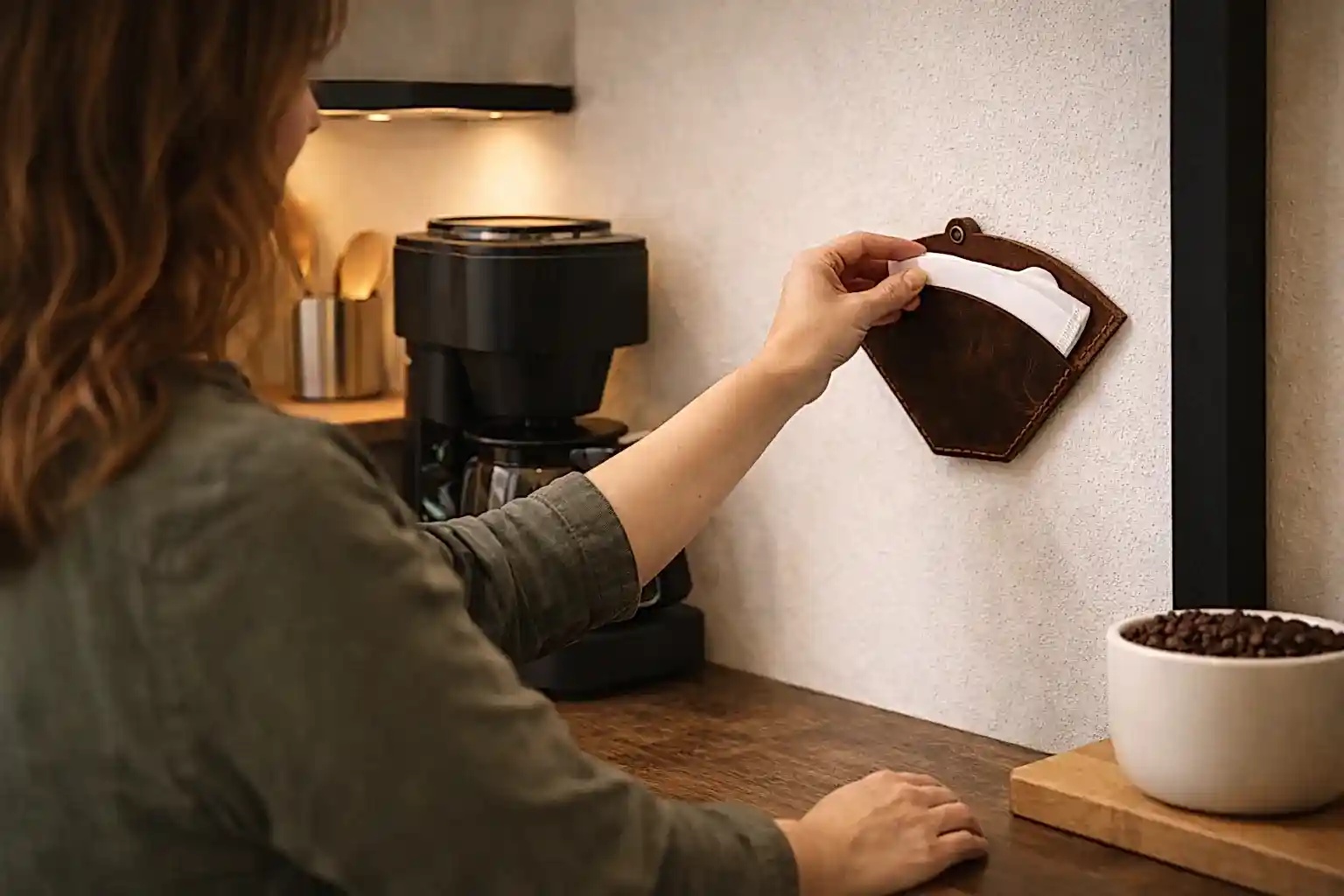 Deri Kahve Filtre Tutucu Hakiki Deri El Dikişi Duvar Kesesi