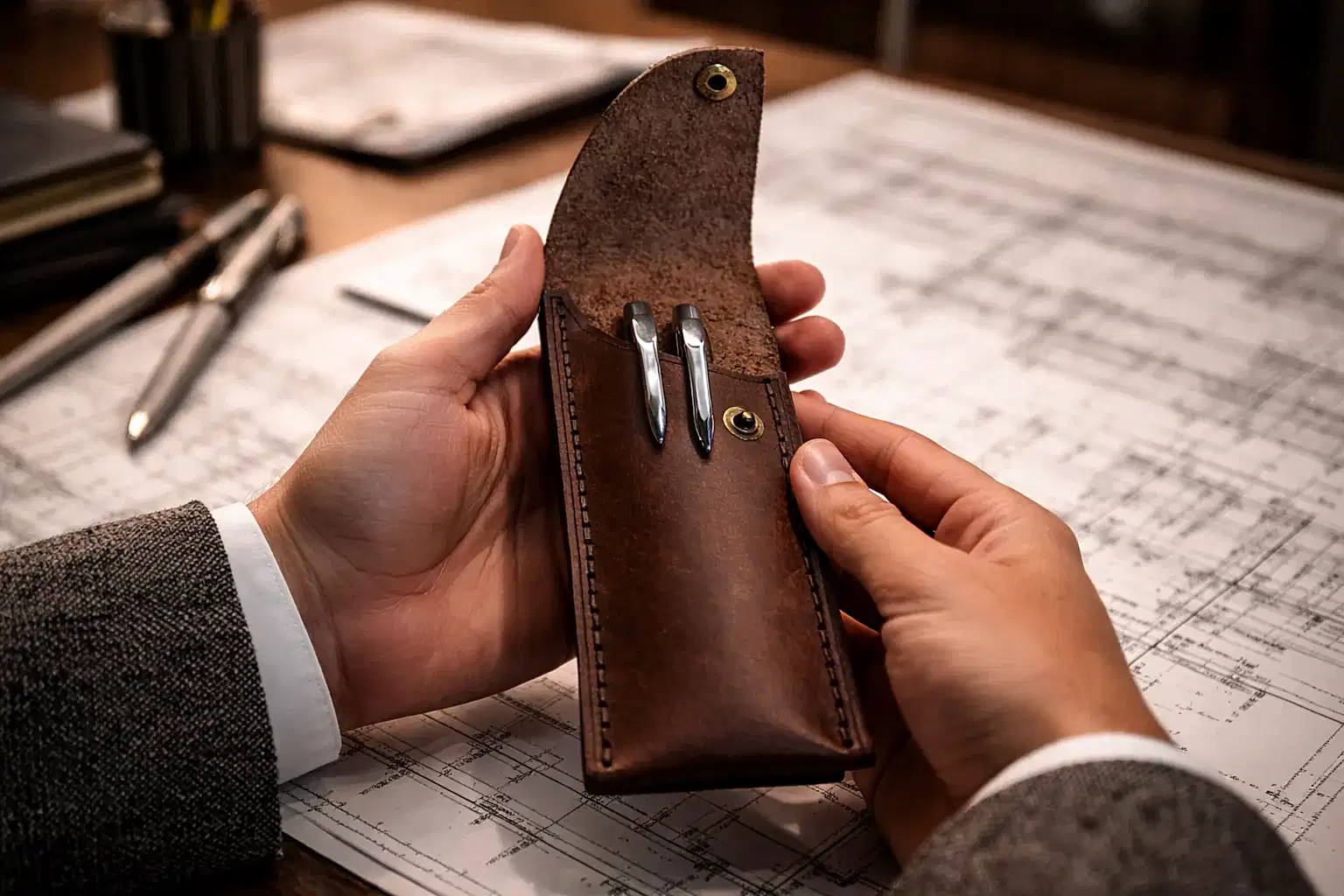 Deri Kalemlik V-1 Hakiki El Dikişi Çıtçıtlı Kompakt