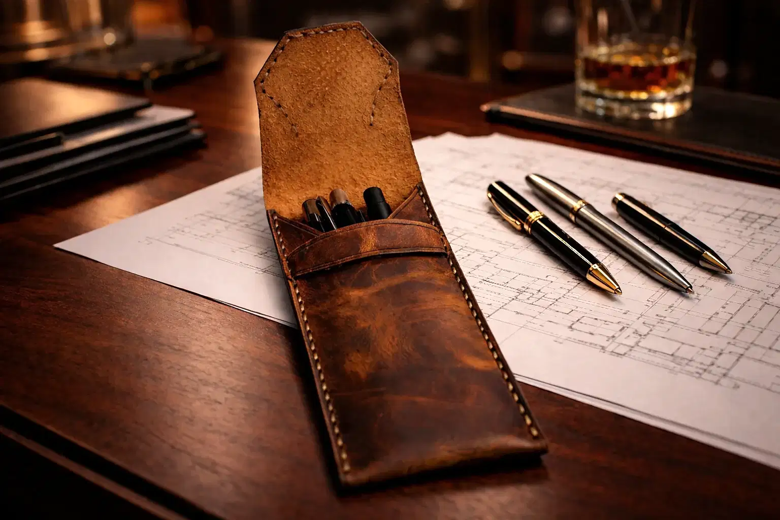 Deri Kalemlik V-2 Hakiki El Dikişi Kompakt 3-4 Kalem