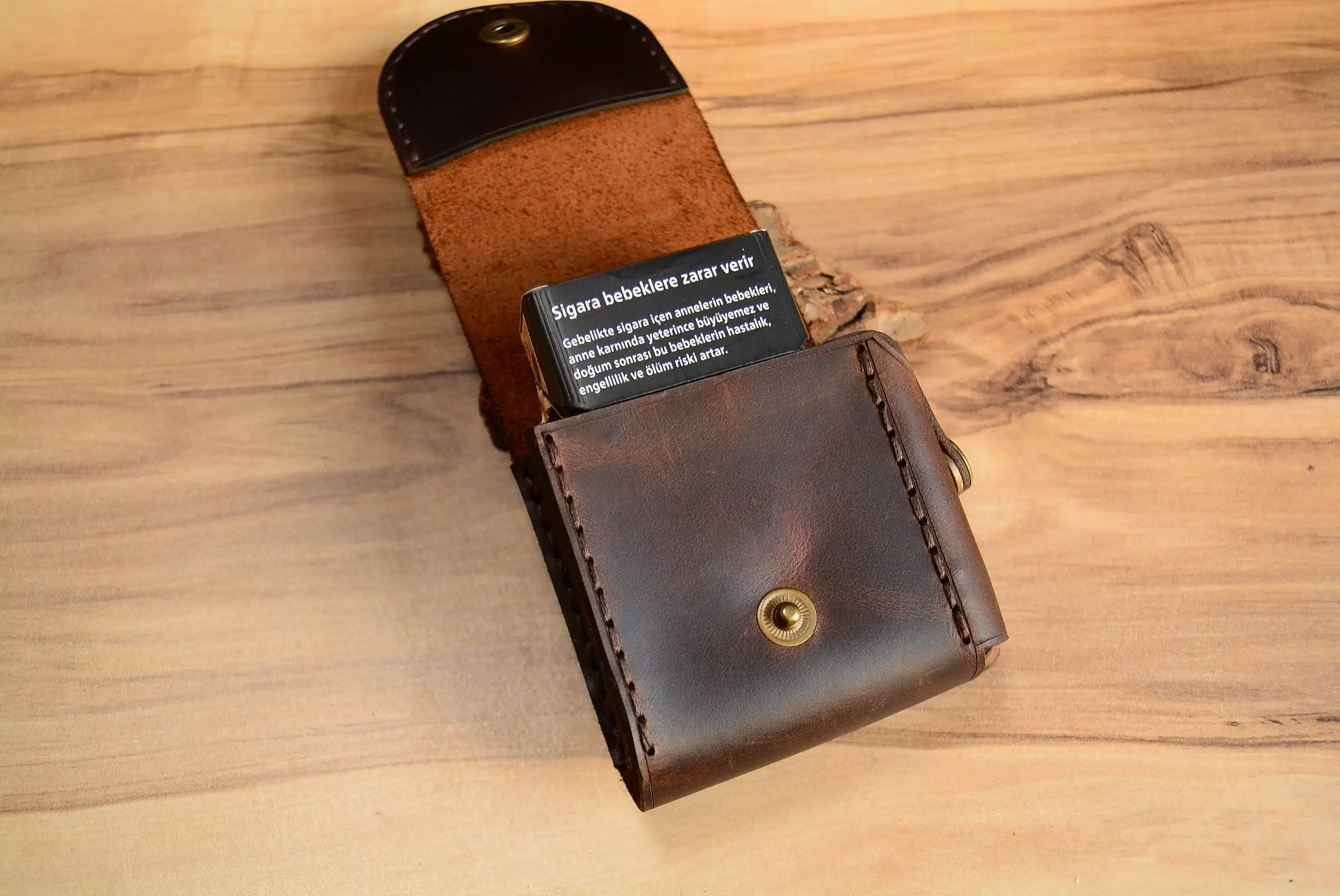 Deri Kısa Klasik Sigara Paketi Kılıfı Hakiki Deri El Dikişi Çakmak Bölmeli