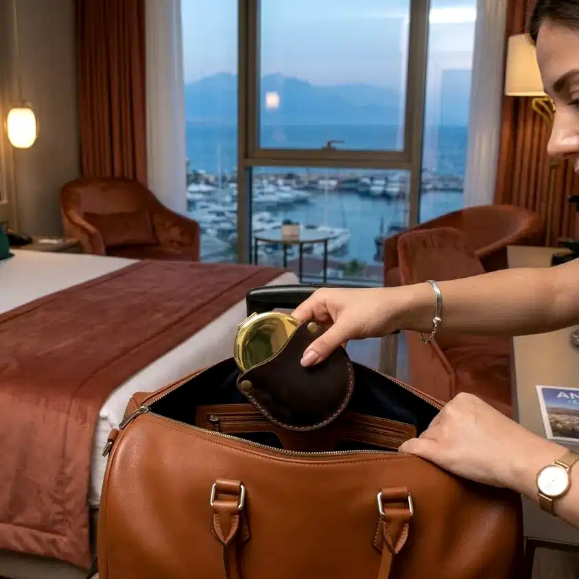 hakiki deri el yapimi deri kılıflı makyaj aynası - cep aynası