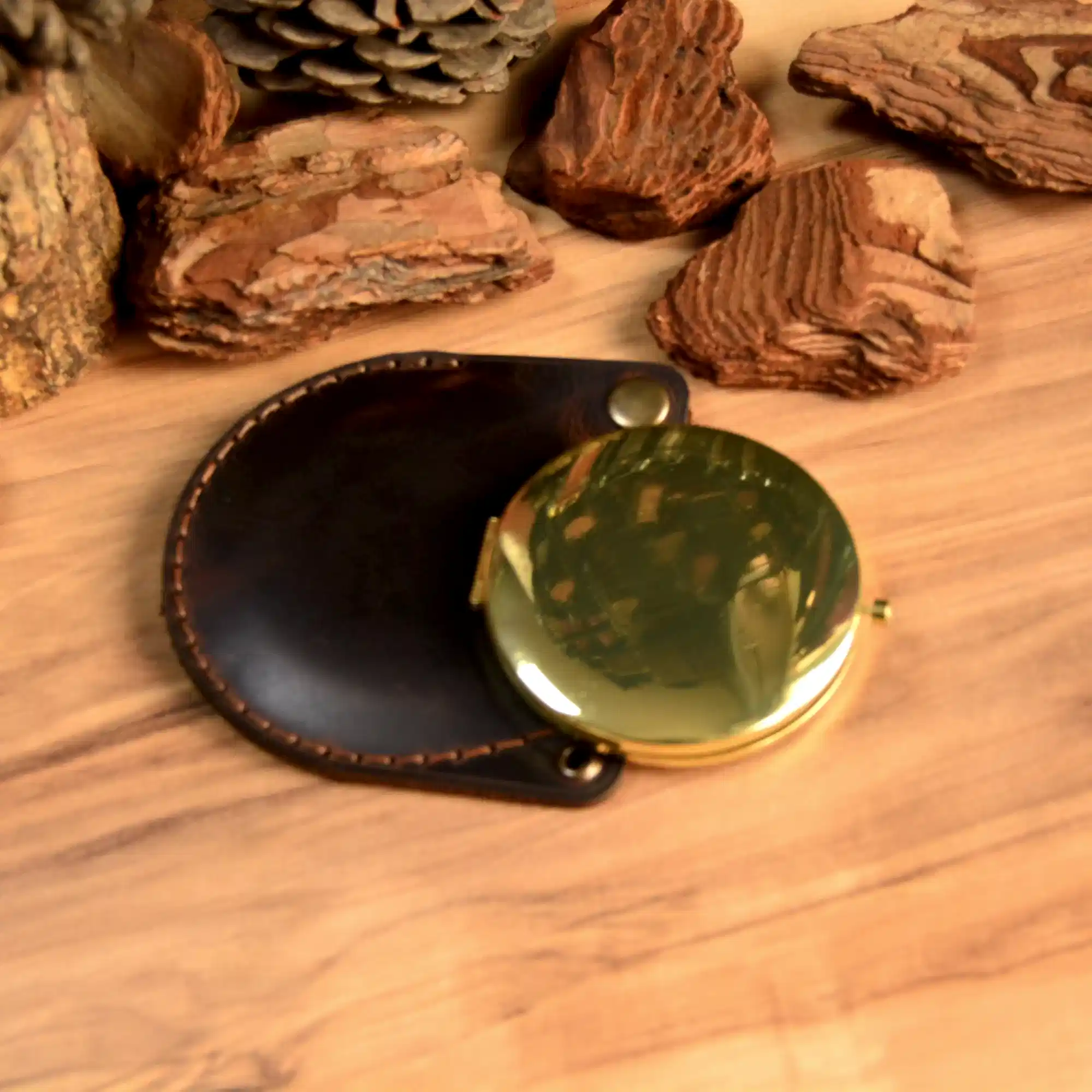 Hakiki Deri Kılıflı Cep Aynası El Yapımı Katlanabilir