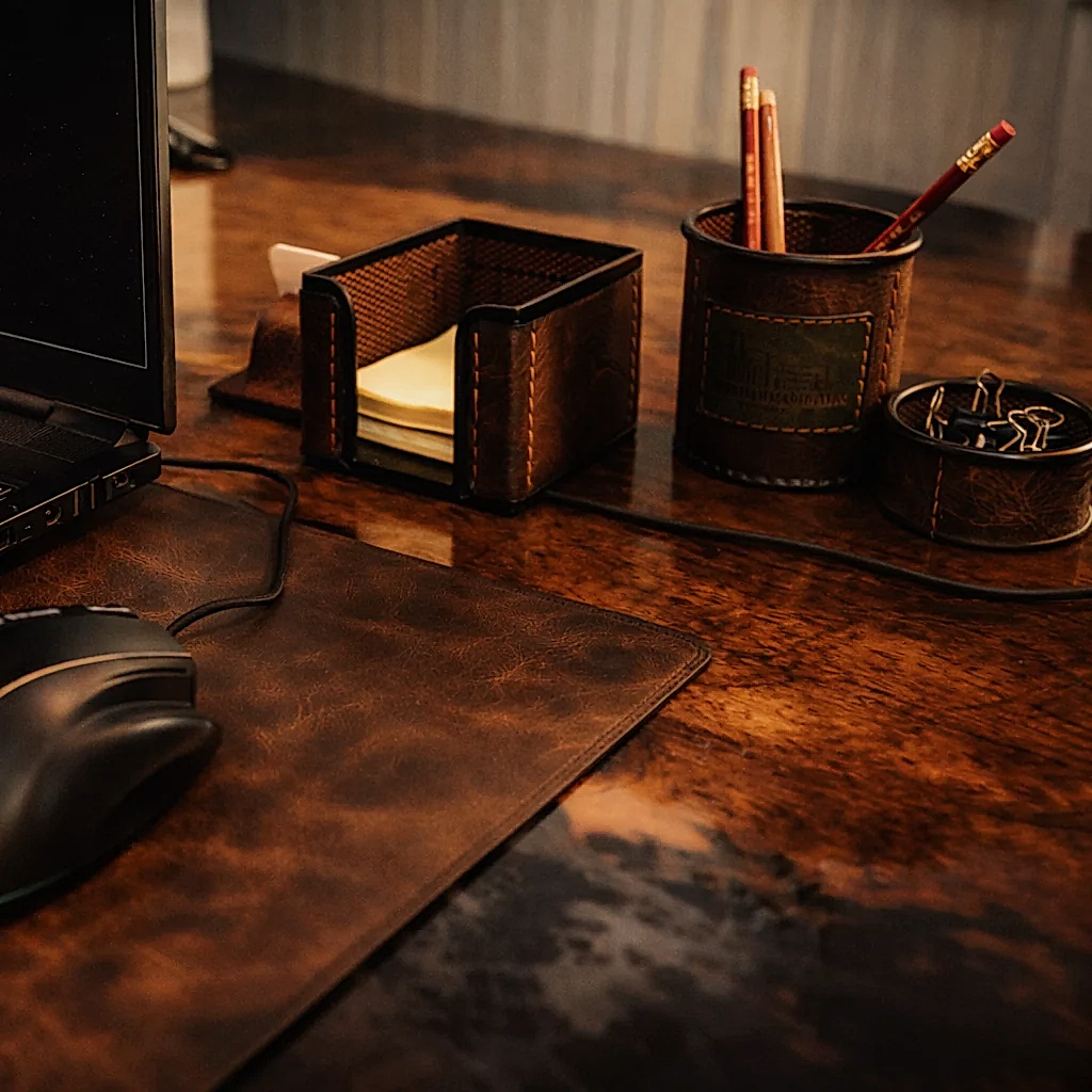 Ofis Masa Seti Deri El Yapımı Hakiki Deri 7 Parça