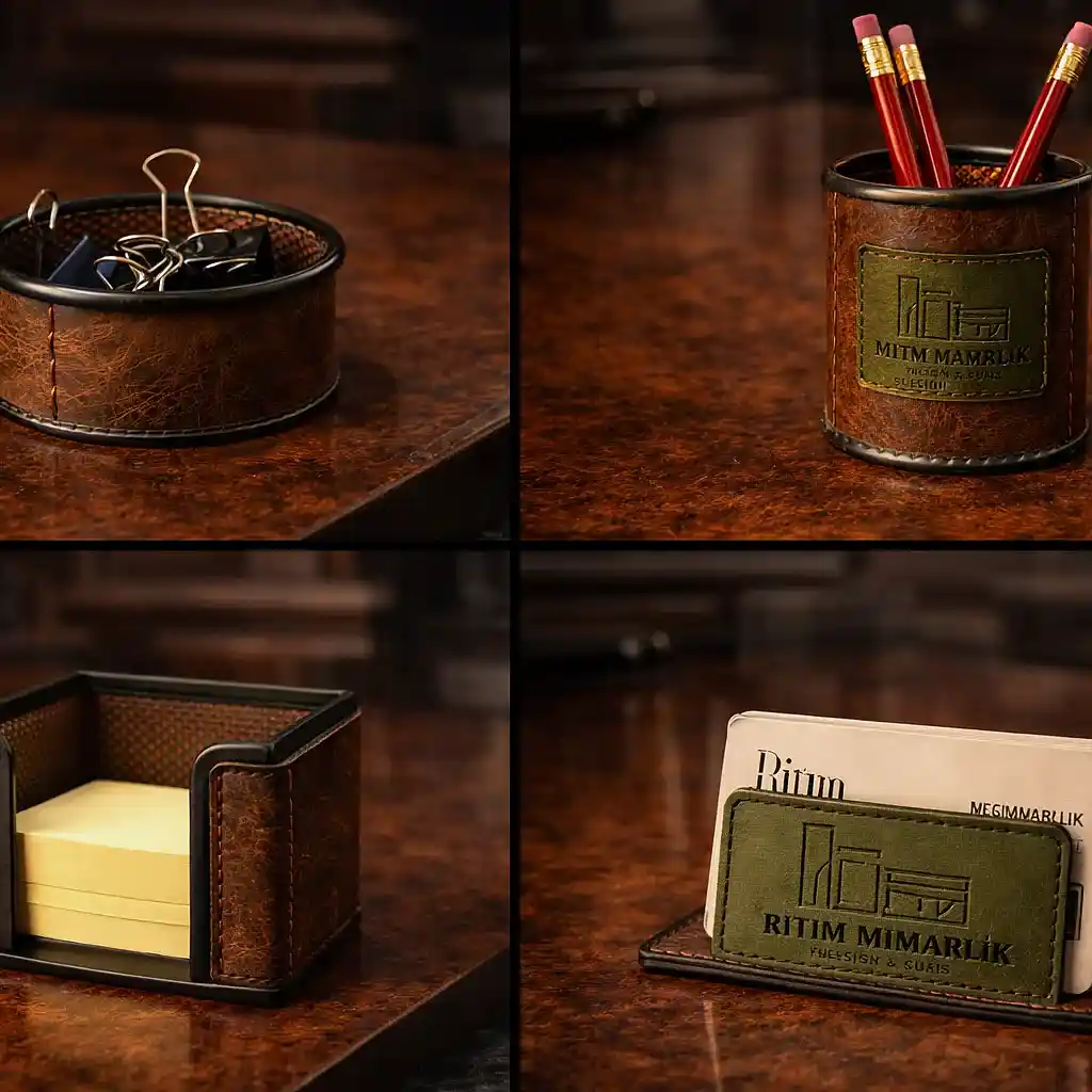 Ofis Masa Seti Deri El Yapımı Hakiki Deri 7 Parça