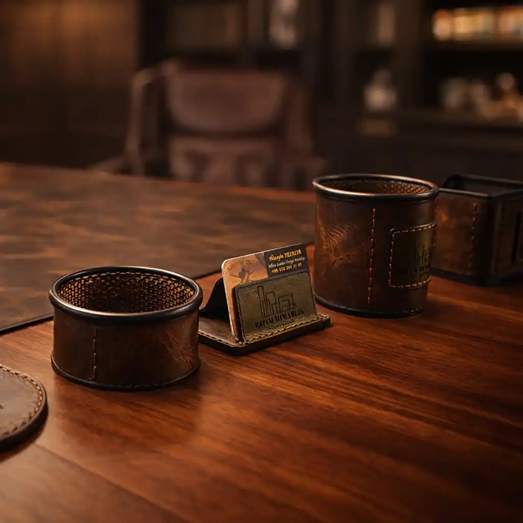 Ofis Masa Seti Deri El Yapımı Hakiki Deri 7 Parça